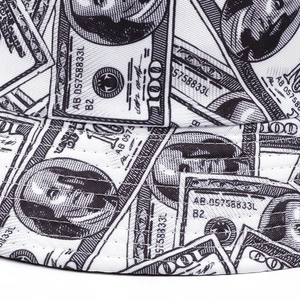 Detailed close-up view of a trendy summer bucket hat featuring a stylish dollar bill print