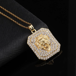 Gold lion head pendant necklace with rhinestones for men and women, rectangle shape
