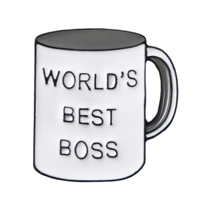 Creative enamel mug brooch with World's Best Boss text engraving on white background
