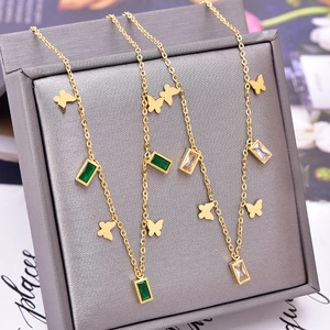 Titanium Steel Butterfly Rhinestone Pendant Necklace Gold Color Geometric Rectangular For Women Daily Party Jewelry