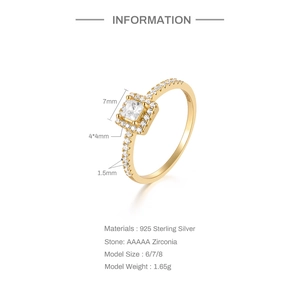 Detail view of square AAAAA zircon ring in 925 sterling silver with size dimensions