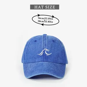 Size chart showing head circumference of 56-58cm for the blue washed baseball cap