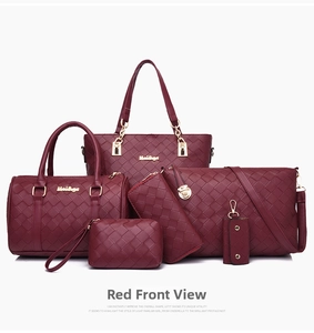 Detail view of 6-piece woven wine red bag set including tote and crossbody bags