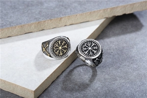 Detailed relief of Viking compass Vegvisir and axes on a vintage stainless steel ring