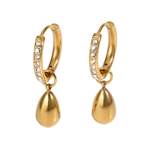Elegant gold hoop earrings with zircon stones and water drop pendants on white background