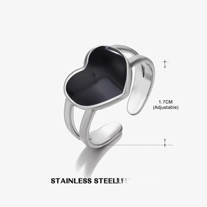 Detail of adjustable stainless steel ring with black enamel heart showing 1.7CM diameter