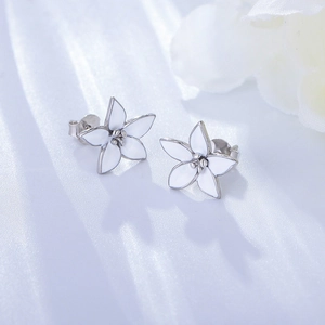 Elegant 925 sterling silver flower earrings with white enamel petals on silk background