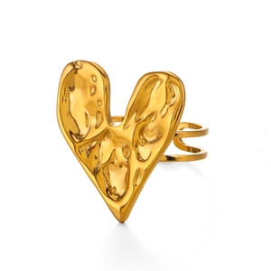 Minimalist gold heart-shaped open ring with unique hammered metal texture on white background
