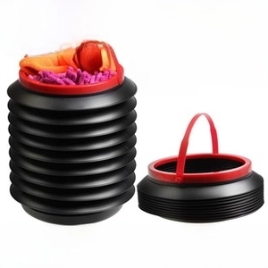 Detail of collapsible black and red car storage bucket in expanded and folded states