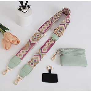 Detail of colorful geometric woven shoulder strap with mint green coin purse and gold hardware