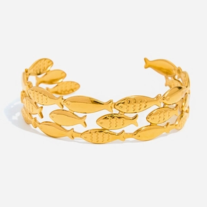 Bracelet Jonc Ouvert Trois Couches Poisson Plaqué Or 18K Acier Inoxydable Creux Style Marine Bijoux Femme Hypoallergénique
