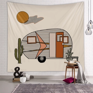 Detailed retro camping van illustration on a soft beige polyester decorative tapestry