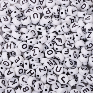 White round acrylic alphabet beads with black uppercase letters for DIY jewelry making