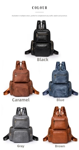 Detail view of multi-compartment PU leather backpacks in black, brown, blue, and gray colors
