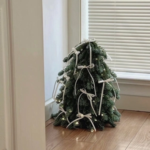 Mini PE artificial Christmas tree with white satin bows and warm LED fairy lights