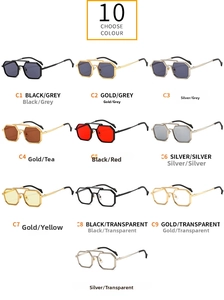 Collection of punk polygon sunglasses in black, gold, and silver frames with varied lenses