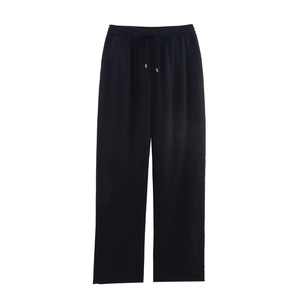 Women's black linen blend casual trousers with elastic drawstring waist in loose straight cut