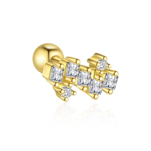 Detail of gold ear stud with geometric zircon stones and screw ball back on white background