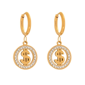 Boucles d'oreilles créoles dorées en acier inoxydable avec pendentif signe dollar