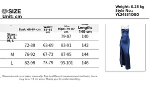 Size chart for elegant satin dress with bust, waist, and hip measurements in cm
