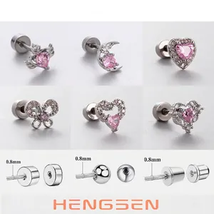 Pink Heart Moon Butterfly Stainless Steel Ear Bone Studs With Cubic Zirconia Screw Back Earrings For Women Sweet Jewelry