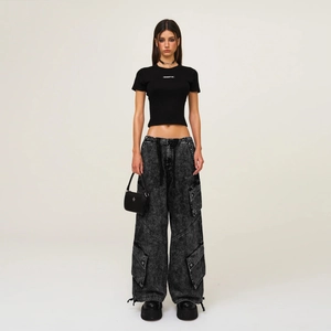 Classic phantom cargo pants in vintage washed grey with pockets and SMFK logo tee