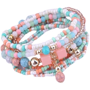 Bohemian multi-layer seed bead bracelet with turquoise accents and gold charms