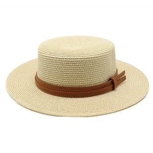 Boater Hat Straw Woven Sun Protection Summer Beach Vacation Retro Style For Men Women With Decorative Leather Band