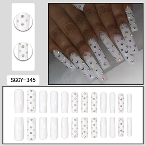 White long square press-on nails set with colorful rhinestones in a 24-piece full kit