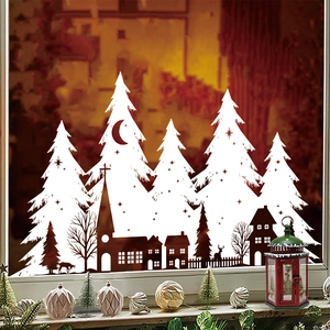 Winter wonderland window stickers with white snow forest and reindeer for Christmas decor