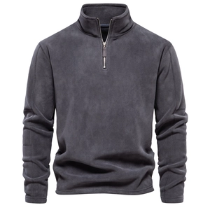 Detail of men's quarter-zip polar fleece sweatshirt in dark grey with stand collar