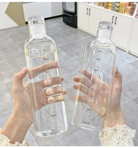 Dettaglio della bottiglia d'acqua in vetro con indicatori temporali bianchi per l'idratazione