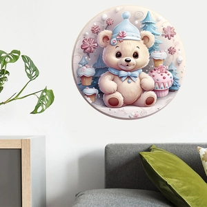 Detailed view of a round cartoon wall sticker featuring a cute bear and winter dessert theme