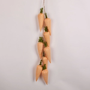 Detail of Easter carrot banner with orange plaid fabric and green felt leaves on jute rope
