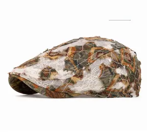 Detailed macro view of distressed fabric textures and lace applique on the leopard beret