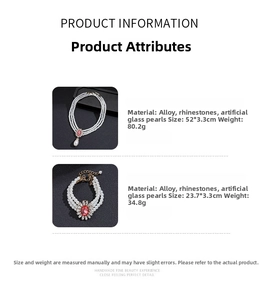Detailed specs for multi-layer pearl jewelry set with red crystal and alloy base