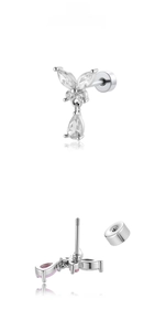 Detailed view of silver butterfly earring with pink zircons and screw back closure