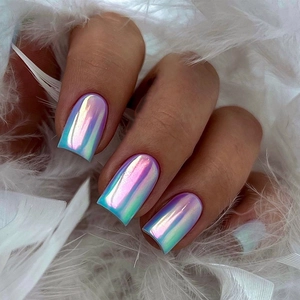 Blue Purple Gradient Press On Nails Iridescent Holographic Metal Texture Short Square Coated False Nails Women