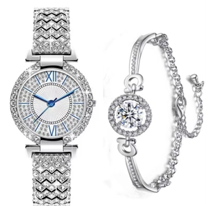 Coffret montre quartz argentée et bracelet avec cristaux et chiffres romains de luxe