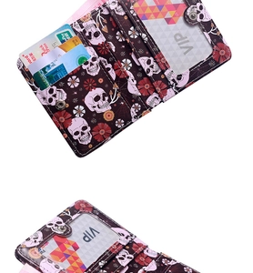 Detail view of foldable spider skull wallet showing multiple card slots and ID window
