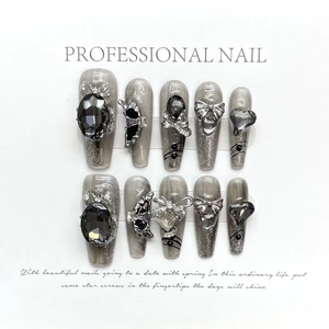 Gothic handmade coffin press-on nails with grey cat-eye, silver glitter, and butterfly charms