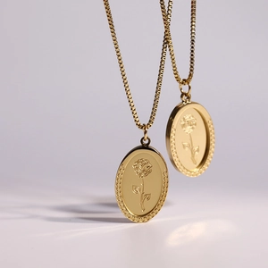 Vintage gold stainless steel necklace with oval rose embossed pendant and box chain