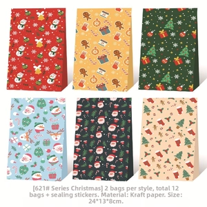 Set of 12 Christmas paper gift bags with six assorted festive patterns and stickers