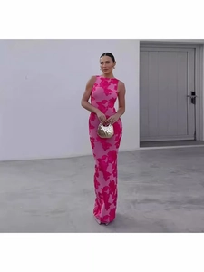 Elegant sleeveless rose pink floral print long dress with slim fit and silky texture