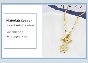 Detail of 18k gold plated girl pendant with inlaid zircons and adjustable box chain