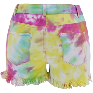 Rear view of high waisted tie-dye denim shorts featuring colorful patterns and frayed edges