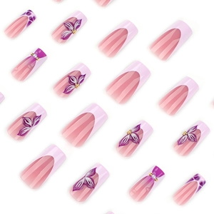 Long trapezoid press-on nails with pink french tips, 3D floral patterns and pearl decor