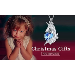Silver unicorn heart pendant necklace with blue crystal for Christmas gift