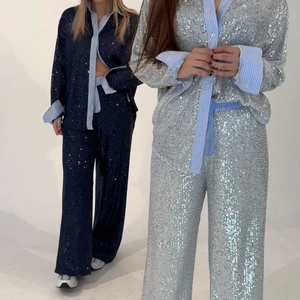 Women Sequin Blazer And Wide Leg Pants Top And Bottom Set Elegant Commuter Patchwork Shiny Sequin Outfit For Party Clubwear