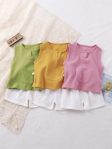 Toddler Kids Summer Cotton Gauze Pajamas Sleeveless Vest Shorts Loungewear Boys Girls Solid Color Breathable Sleepwear Matching Outfit